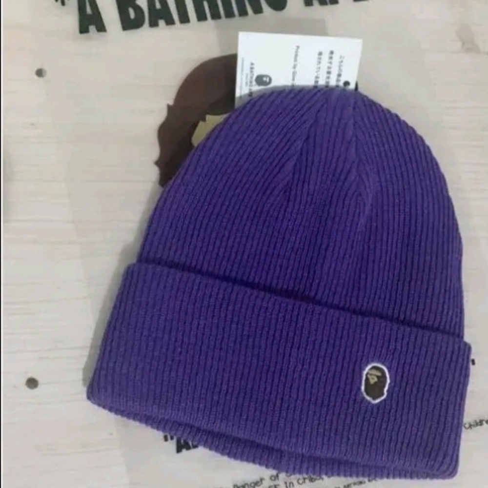 Bape Purple Ribbed Cuffed Beanie with Ape Head Patch